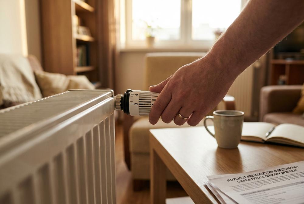 Kobieta analizuje rozliczenie ciepła we wspólnocie na dokumentach i laptopie